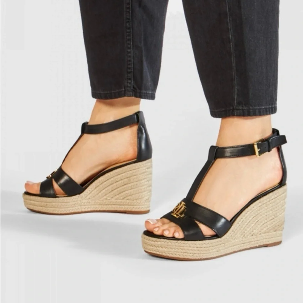 Lauren Ralph Lauren Hale II Black Leather Croc Espadrille Wedges Size 9.5